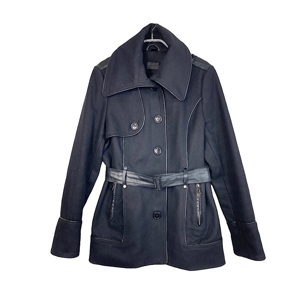 RUDSAK Wool Leather Lores Belted Winter Peacoat Black Asymmetrical Collar M